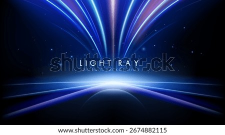 Abstract blue light rays bursting from a glowing horizon. Futuristic space and technology background.
