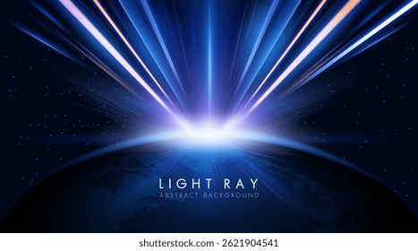 Raios de luz azul e fundo de terra brilhante, linha de velocidade futurista, tecnologia e espaço.