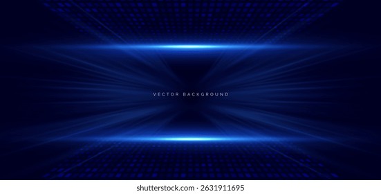 Abstract blue light rays on dark blue background. Speed motion moving movement concept. Vector illustration.