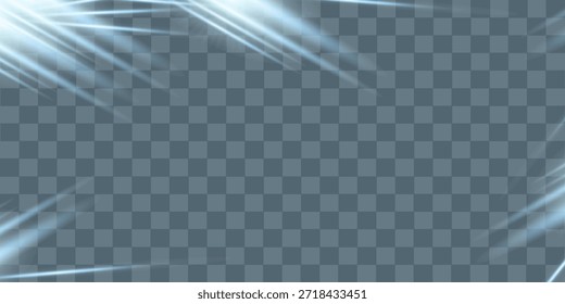 Abstract blue light rays PNG effect with glare and sparkles on dark background. Vector 10 EPS