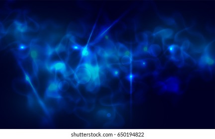 Abstract blue light and smoke on black background. Vector illustration.