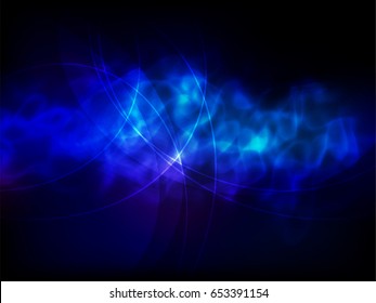 Abstract blue light and smoke on black background. Vector illustration.