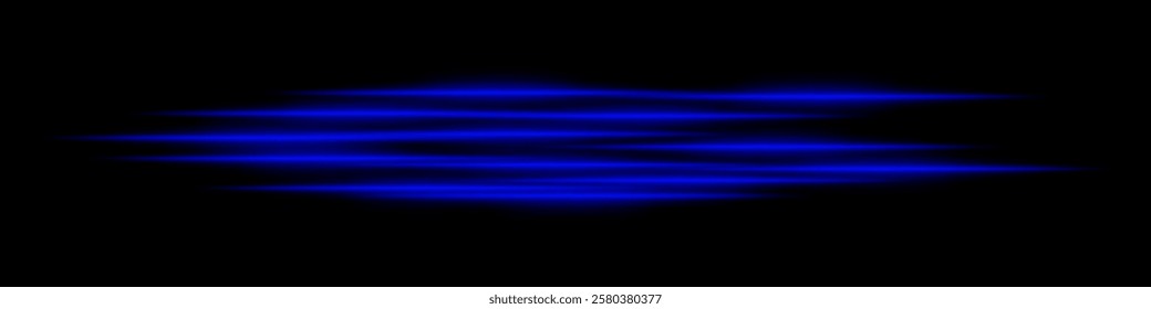 Abstract blue light streaks background. Glowing horizontal lines with motion blur effect on a dark backdrop. Futuristic speed, energy flow, laser beams, and technology concept.