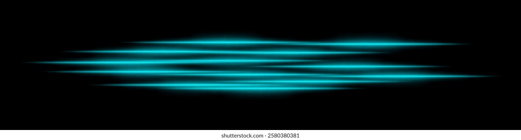 Abstract blue light streaks background. Glowing horizontal lines with motion blur effect on a dark backdrop. Futuristic speed, energy flow, laser beams, and technology concept.