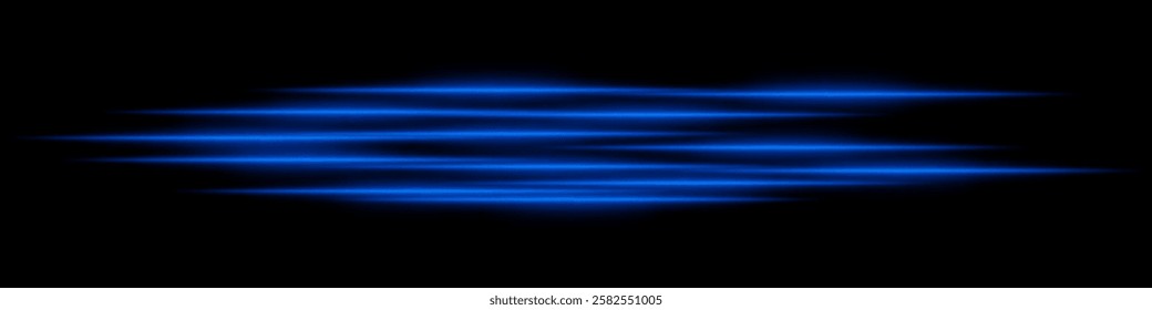 Abstract blue light streaks background. Glowing horizontal lines with motion blur effect on a dark backdrop. Futuristic speed, energy flow, laser beams, and technology concept.