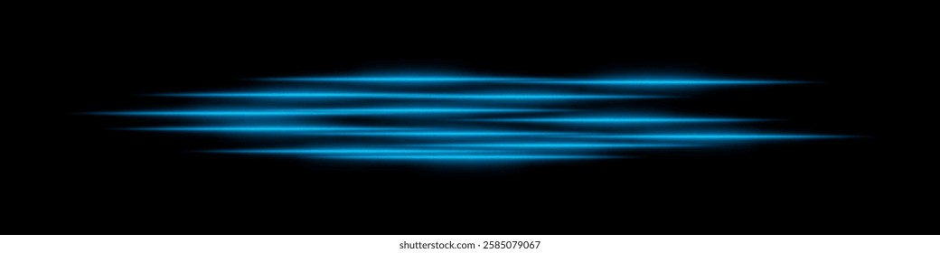 Abstract blue light streaks background. Glowing horizontal lines with motion blur effect on a dark backdrop. Futuristic speed, energy flow, laser beams, and technology concept.