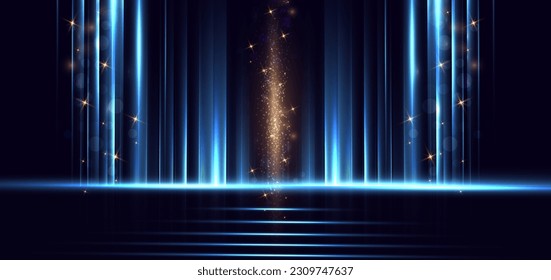 Abstract blue light stripe vertical lines light on dark blue background with gold lighting effect sparkle. Luxury template celebration award design. Vector illustration