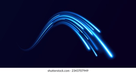 Abstract blue light twist. Blue light vector effect, curve shape neon speed motion. Magic bright shine glow of energy lines, shiny swirl power waves flow. Electric trail glowing in dark background.