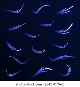 Abstract blue light twist. Blue light vector effect, curve shape neon speed motion. Magic bright shine glow of energy lines, shiny swirl power waves flow. Electric trail glowing in dark background.