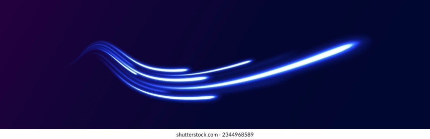Abstract blue light twist. Blue light vector effect, curve shape neon speed motion. Magic bright shine glow of energy lines, shiny swirl power waves flow. Electric trail glowing in dark background.