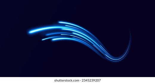 Abstract blue light twist. Blue light vector effect, curve shape neon speed motion. Magic bright shine glow of energy lines, shiny swirl power waves flow. Electric trail glowing in dark background.