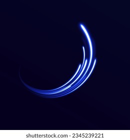 Giro abstracto de la luz azul. Efecto vectorial de luz azul, forma de curva movimiento de velocidad del neón. Brillo mágico brillante de líneas de energía, flujo de ondas giratorias brillantes. Pista eléctrica brillando en un fondo oscuro.