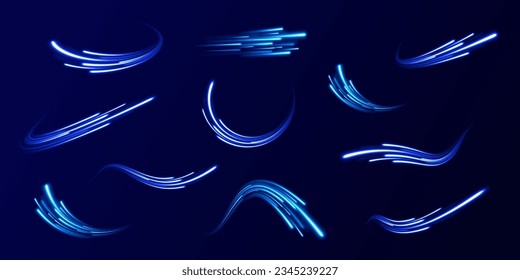 Abstract blue light twist. Blue light vector effect, curve shape neon speed motion. Magic bright shine glow of energy lines, shiny swirl power waves flow. Electric trail glowing in dark background.