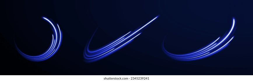 Abstract blue light twist. Blue light vector effect, curve shape neon speed motion. Magic bright shine glow of energy lines, shiny swirl power waves flow. Electric trail glowing in dark background.