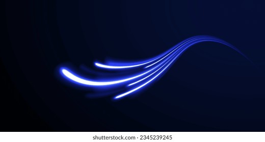 Abstract blue light twist. Blue light vector effect, curve shape neon speed motion. Magic bright shine glow of energy lines, shiny swirl power waves flow. Electric trail glowing in dark background.