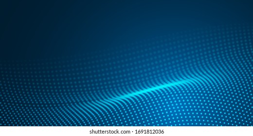 Abstract blue light wave dot surface pattern on dark background.