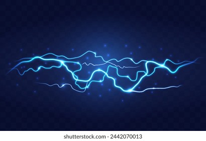 Abstract Blue Lightning on Black Background. Blitz Lightning Thunder Light Sparks Storm Flash Thunderstorm. Power Energy Charge Thunder Shock