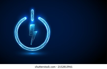 Abstract blue lightning in the power button.  Low poly style design. Geometric background. Wireframe light connection structure. Modern 3d graphic. Vector illustration.