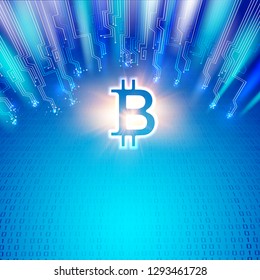 Abstract blue lights background with shining bitcoin symbol, mother board circuits and matrix of digits. Digital blockchain network concept. Vector illustration.