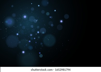 Abstract blue lights bokeh on a black background. Glares with flying glowing particles. Ligh effect. Vector illustration. EPS 10