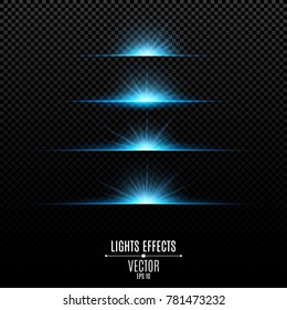 Abstract blue lights on a transparent background. Bright flashes and glare of gold color. Bright rays of light. Glowing lines. Vector illustration