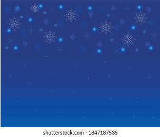 Abstract blue lights with soft light background illustration. Luminous stars. Snowflakes on a blue background. Christmas gradient background. Different snowflakes. Christmas background.