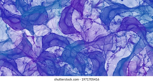 Abstract blue lilac marble fluid painted background. Alcohol ink or watercolor art. Editable vector texture backdrop