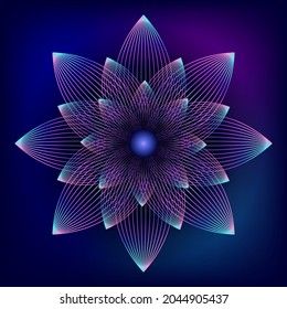 Abstract blue lily flower in linear style. Floral winter element for festival. Creative dahlia for decoration of invitations and cards. Colorful aster petals for flowershop label. Vector illustration