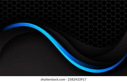 Abstract blue line curve on black hexagon mesh luxury design modern background vector illustration.