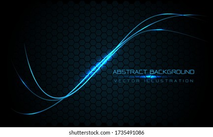 Abstract blue line light curve on dark hexagon mesh pattern design modern futuristic technology background vector illustration.