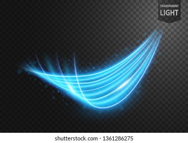 Abstract blue line of light with blue sparks, on a transparent background, isolated and easy to edit