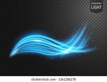 Abstract blue line of light with blue sparks, on a transparent background, isolated and easy to edit