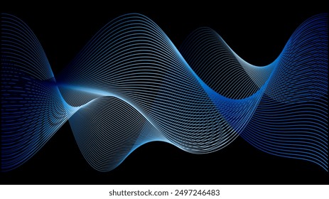 Abstract blue line wave background. S spiral swirl half tone gradation for phone connect. Digital light pattern fractal. Ai cosmos blur spark tech sound illustration