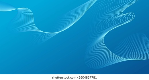Abstract Blue Line Waves Technology Background. Business blue background with flowing smooth wave line for presentation, website, banner, ads, posters. 
