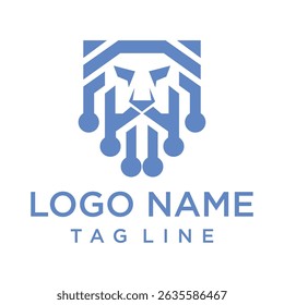 Abstract blue lion head logo, combining digital circuit elements for a modern, technological feel. Ideal for tech startups, security firms, or innovative brands.