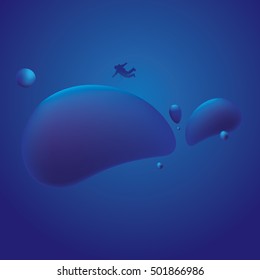 Abstract  blue liquid, drops, weightless cosmonaut space vector illustration
