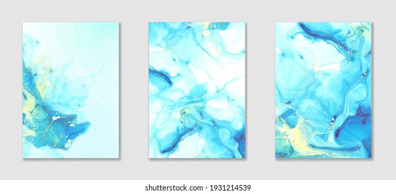 Abstract blue liquid watercolor background with golden stains. Alcohol ink drawing effect. Turquoise geode with kintsugi. Vector illustration design template for wedding invitation