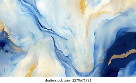 Abstract blue liquid watercolor background with golden dust. Cyan marble alcohol ink drawing effect. Vector illustration design template for wedding invitation, menu, rsvp, banner.