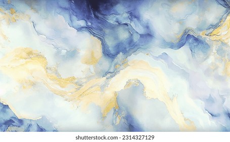 Abstract blue liquid watercolor background with golden dust. Cyan marble alcohol ink drawing effect. Vector illustration design template for wedding invitation, menu, rsvp, banner.