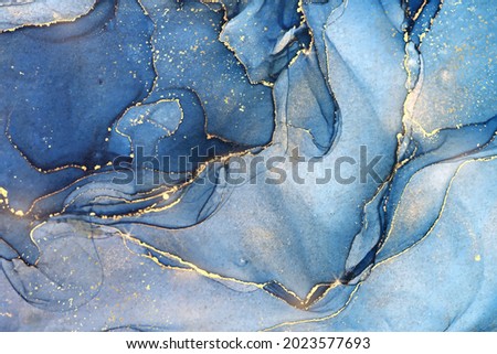 Abstract blue liquid watercolor background with golden stains. Cyan marble alcohol ink drawing effect. Turquoise geode with kintsugi. Vector illustration design template for wedding invitation.