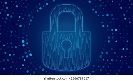 Abstract Blue Lock Icon. Cyber Security Concept. Lock Symbol From Falling Binary Digits and Lines. Digital Security Network. Digital Data Protect. Hi Tech Background. Vector Illustration.