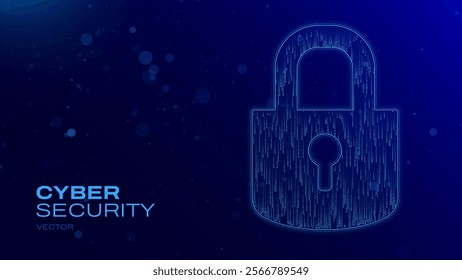 Abstract Blue Lock Icon. Cyber Security Concept. Lock Symbol From Falling Binary Digits and Lines. Digital Security Network. Digital Data Protect. Hi Tech Background. Vector Illustration.