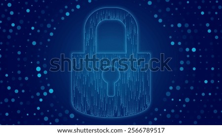 Abstract Blue Lock Icon. Cyber Security Concept. Lock Symbol From Falling Binary Digits and Lines. Digital Security Network. Digital Data Protect. Hi Tech Background. Vector Illustration.