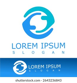 Abstract blue logo showing two hands forming a circular shape, symbolizing unity, care, and connection. Suitable for community, health, or charity organizations with modern branding