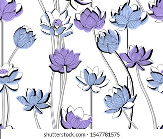 Abstract blue lotuses, white background. Seamless vector pattern for fabric design.