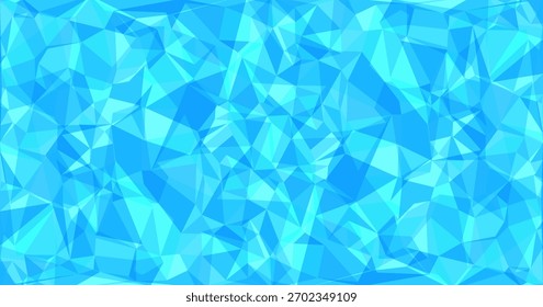 Abstrakter blauer Low-Poly-Hintergrund, der aus dreieckigen geometrischen Formen mit variierenden Farbtönen von Cyan und Aqua besteht. Die facettierte Polygontextur schafft eine moderne, kristalline Ästhetik, die sich für digitale