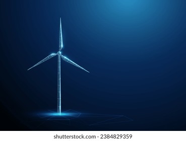 Sinopsis de turbina de viento azul baja de poli. Concepto de energía renovable ecológica. Fuente de energía alternativa. Estilo poligonal. Fondo geométrico. Estructura de la luz de la estructura de la malla