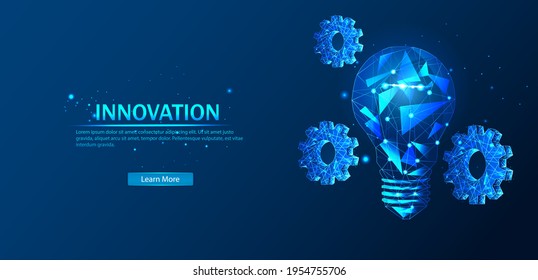 Abstract blue luminous light bulb with gears. Innovation, creativity, business technology concept in dark blue. The digital vector frame looks like a starry sky. Vector illustration