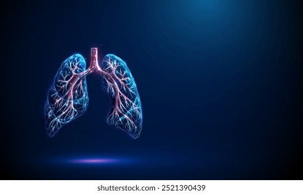 Abstrakte blaue Lungen mit roter menschlicher Bronchialstruktur. Lungenanatomie, linker und rechter Bronchus, Bronchiolen, Luftröhre Medizinische Konzeption. Low-Poly-Stil. Geometrischer Wireframe-Grafikvektor