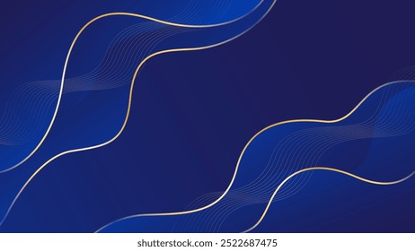 Fundo de luxo azul abstrato com linhas de ouro. Elegante onda papel de parede moderno. Plano de fundo de banner de modelo para vendas, anúncios, eventos, prêmios, Web, páginas e outros